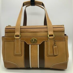 Vintage Coach 11609 Hampton Beige Brown Embossed Signature Stripe Leather Purse